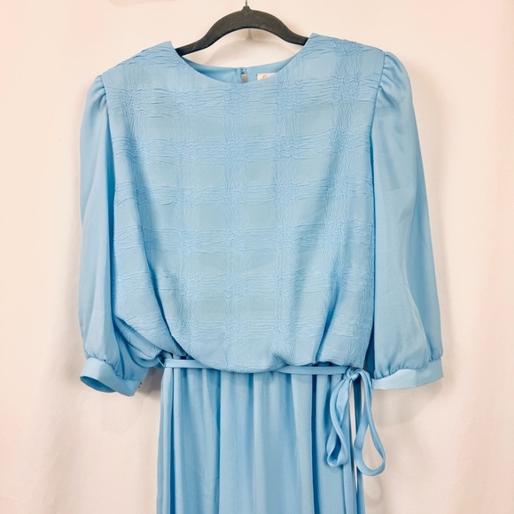 Vintage 70s Lady Carol 12 Blue Lightweight Sheer Blouson Midi Dress 3/4 Sleeve - Picture 2 of 10